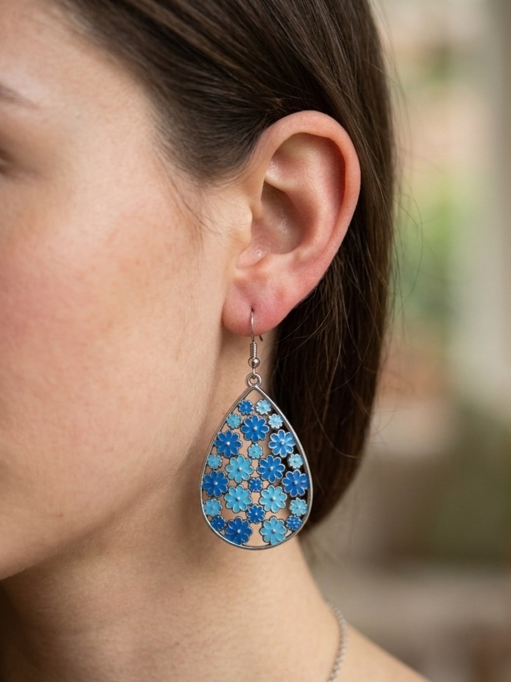 Silver Teardrop Enamel Dangle Earrings with Blue Floral Inlay Earrings